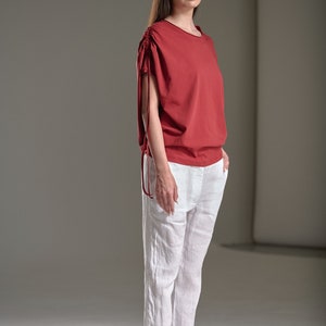 Draped Short Sleeved Cotton Top In Red / TSSK22RR image 8