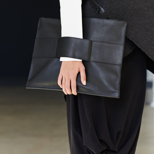 Leather Clutch In Black / Unisex Leather Bag / MacBook Air Leather Case / Minimalist Black Leather Bag by Arya Sense