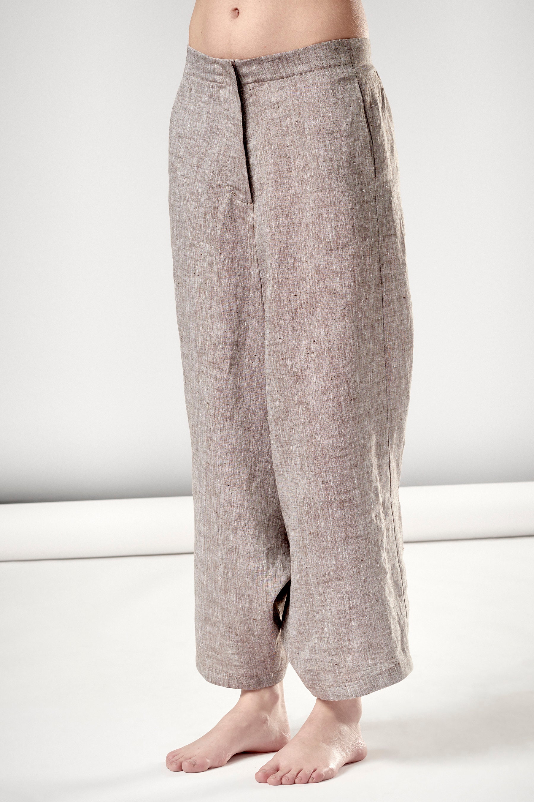 Brown Melange Cropped Linen Pants/ Extravagant Drop Crotch | Etsy