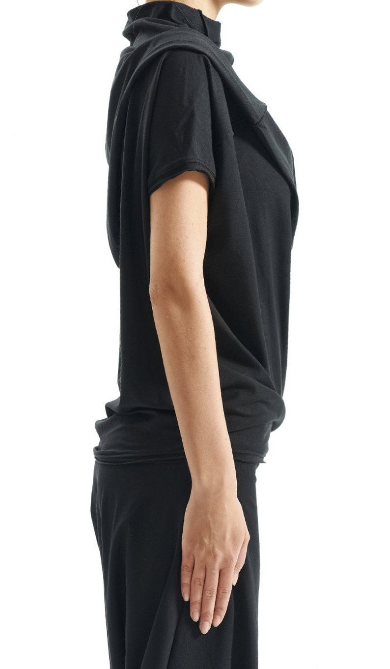 Black Cotton Blouse/ Gift For Her / Handmade Top / Oversized Short Sleeved Blouse/ Asymmetrical Black Top by AryaSense/ TPRS14BL image 6