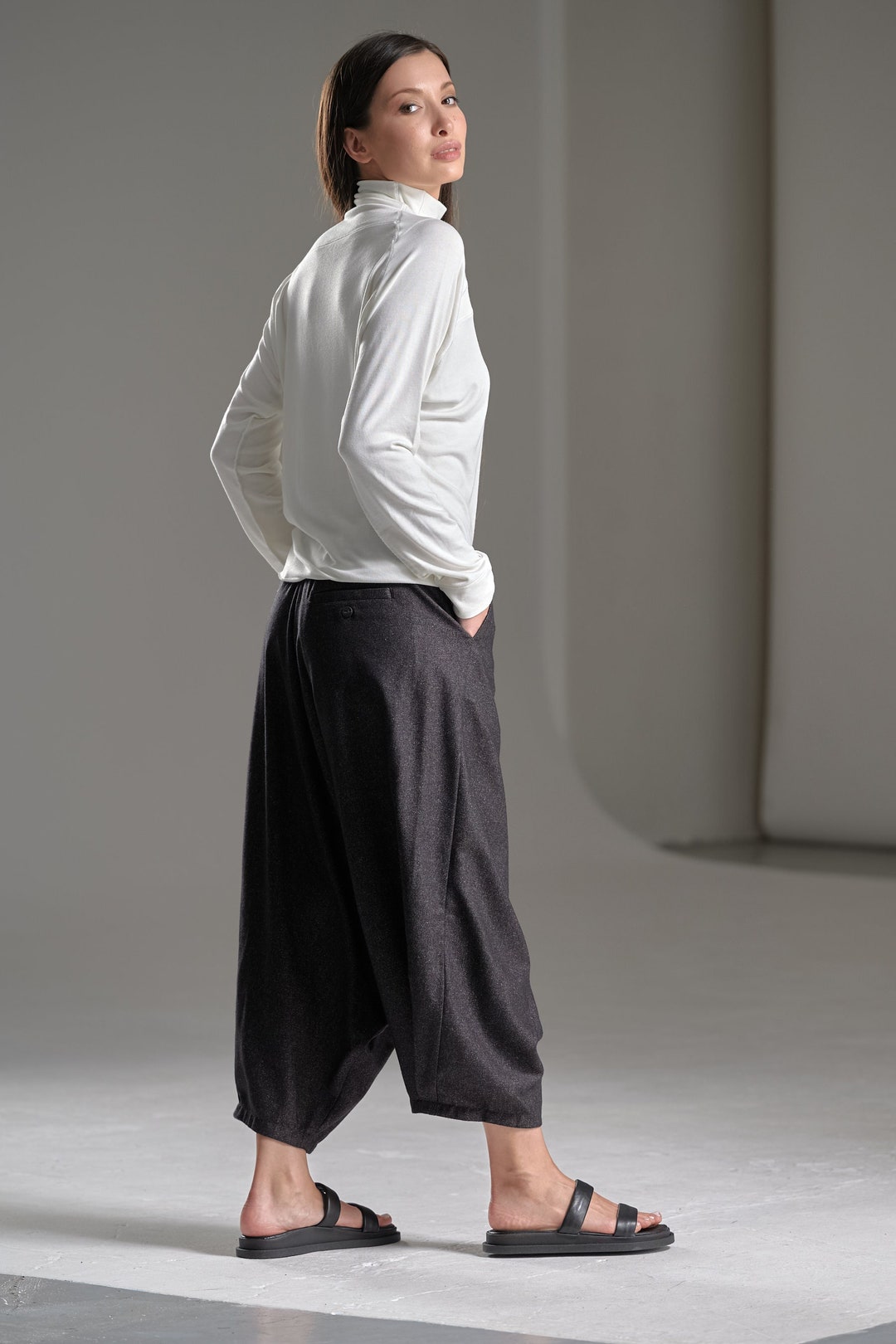 Dark Brown Melange Cropped Wool Pants/ Extravagant Drop Crotch Pants ...