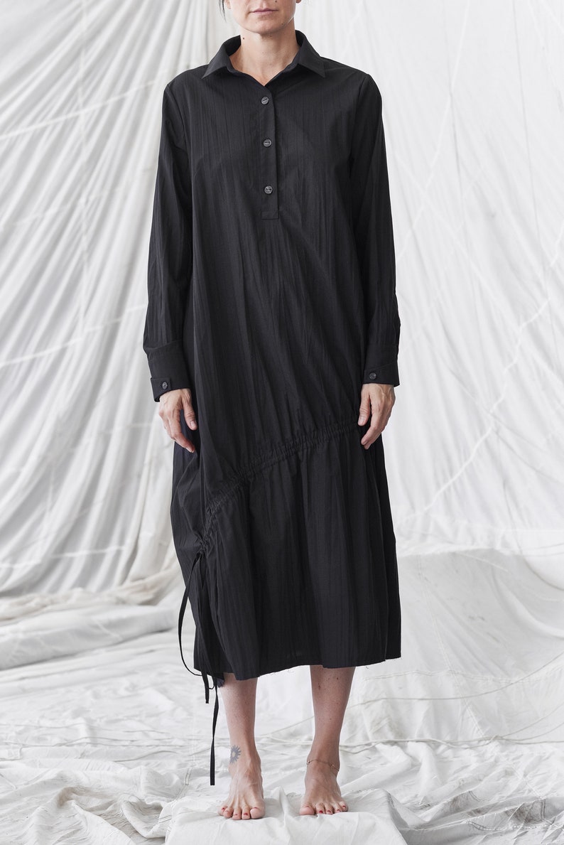 Black Irregular Dress With Strings Cotton Dress Summer Overall Black Shirt Long Sleeved Dress Oversized Top AryaSense 8SHNRBALS19
