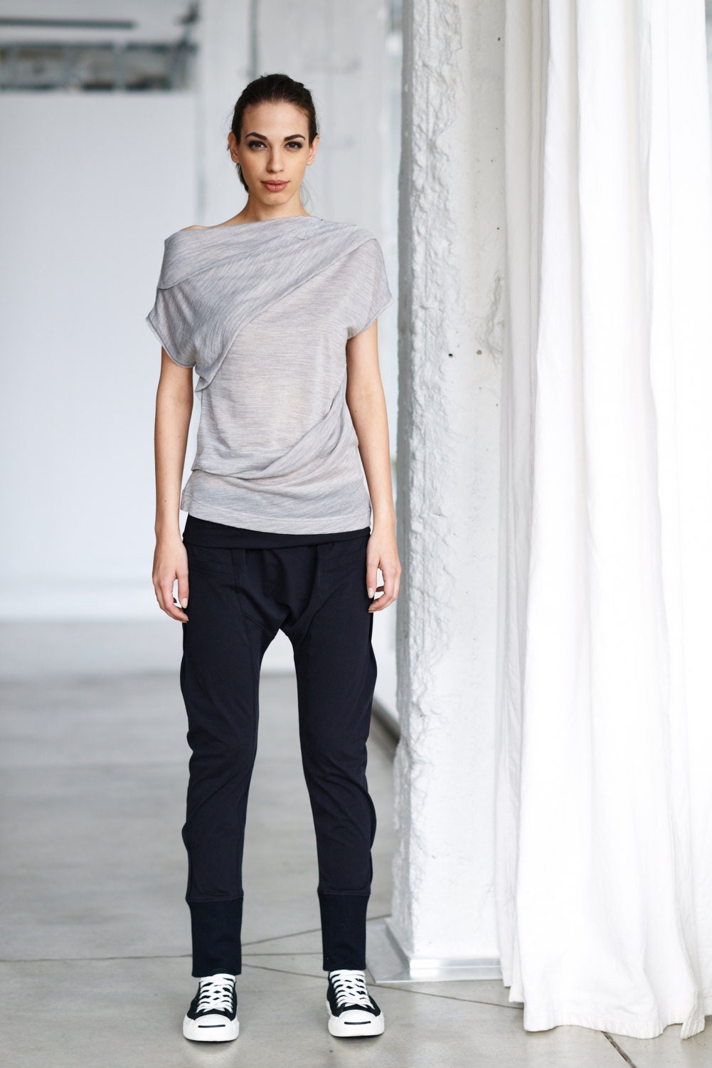 Black Drop Crotch Pants / Black Yoga Pants / Drop Bottom Pants In Bla…