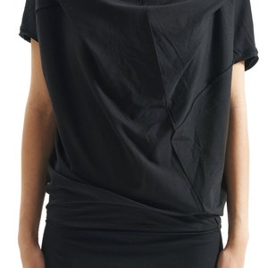 Black Cotton Blouse/ Gift For Her / Handmade Top / Oversized Short Sleeved Blouse/ Asymmetrical Black Top by AryaSense/ TPRS14BL image 2