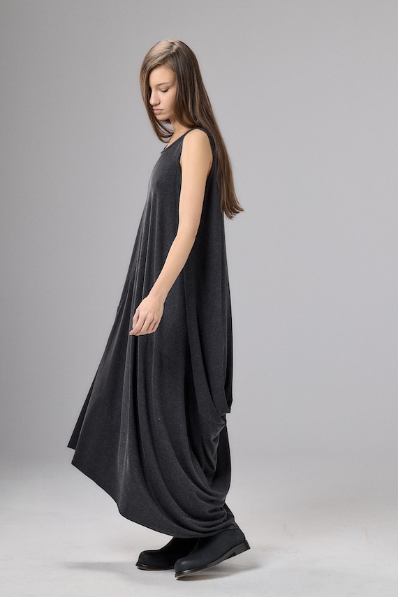 dark gray maxi dress Charcoal Melange Long Dress - Oversized Draped Tunic Maxi Dress