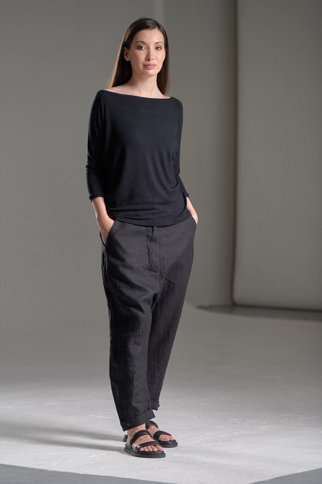 Fig loose linen blend pants - Black Jet