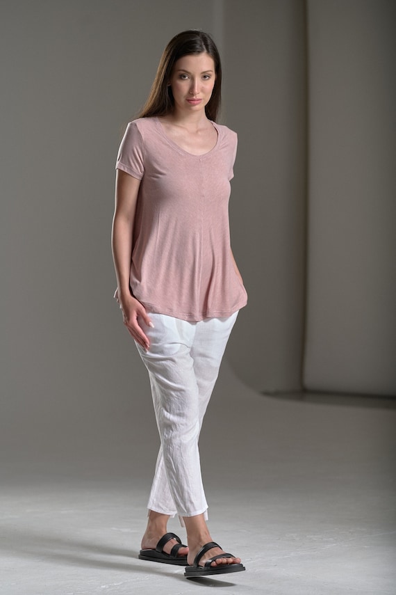 Light Pink Cotton Blouse: Short Sleeve Summer Top