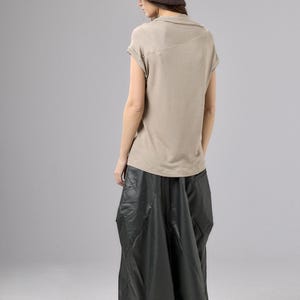 Beige Asymmetrical Top, Minimalist High Neck Blouse, Cap Sleeve Womens Top, Neutral Minimal Clothing, Capsule Wardrobe Piece image 4