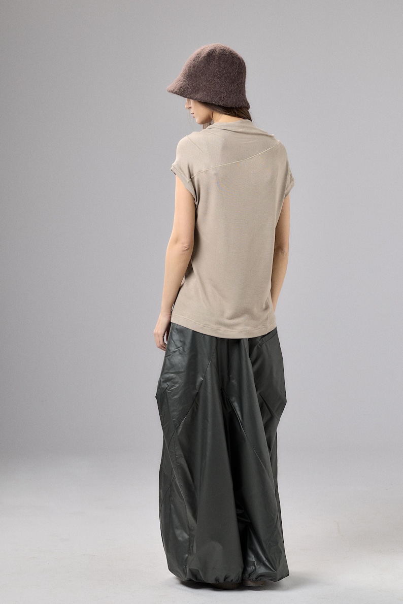 Beige Asymmetrical Top, Minimalist High Neck Blouse, Cap Sleeve Womens Top, Neutral Minimal Clothing, Capsule Wardrobe Piece image 4