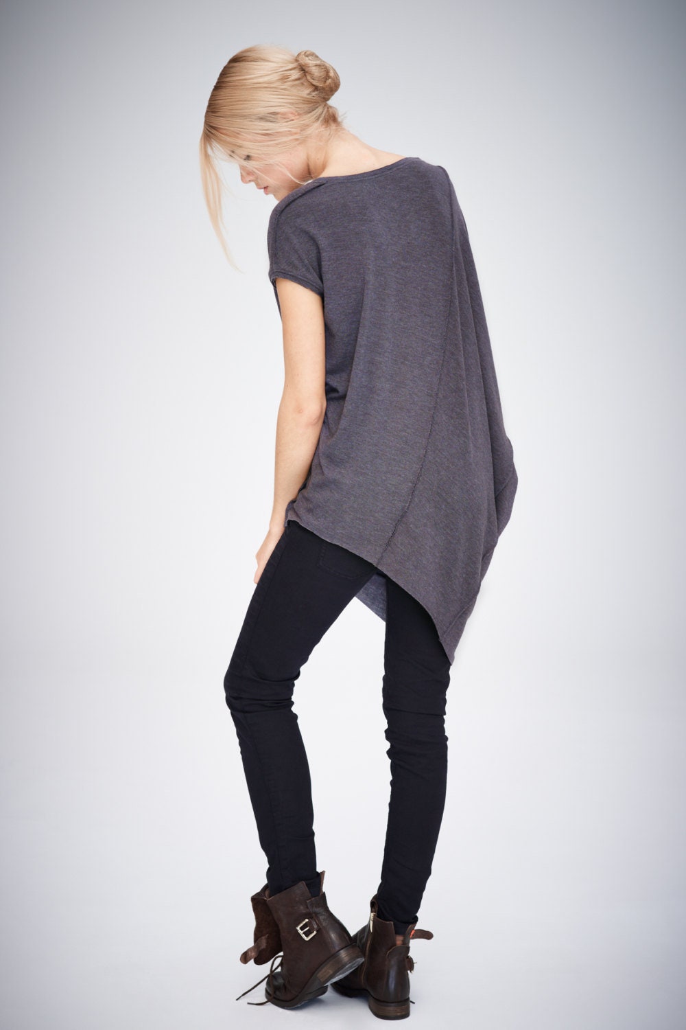 Asymmetric Brown-Grey Top / Short Sleeved Blouse / Casual Brown Top /…