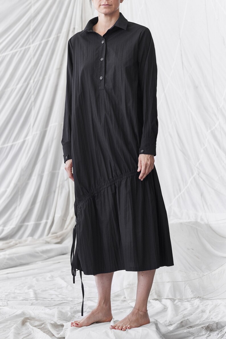 Black Irregular Dress With Strings Cotton Dress Summer Overall Black Shirt Long Sleeved Dress Oversized Top AryaSense 8SHNRBALS19