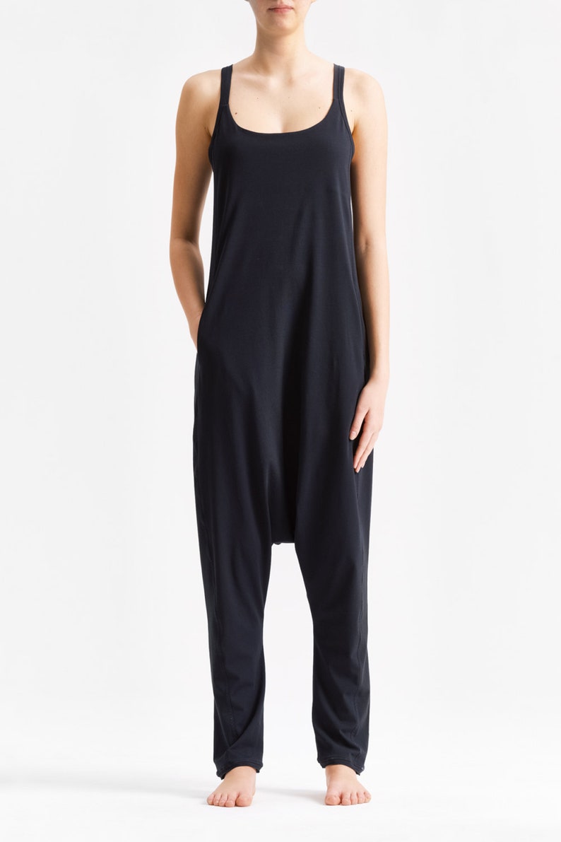 Long Black Jumpsuit / Womens Overall / Drop Crotch Jumpsuit / Black Cotton Romper / Harem Jumpsuit AryaSense RSLLS19BLK image 4