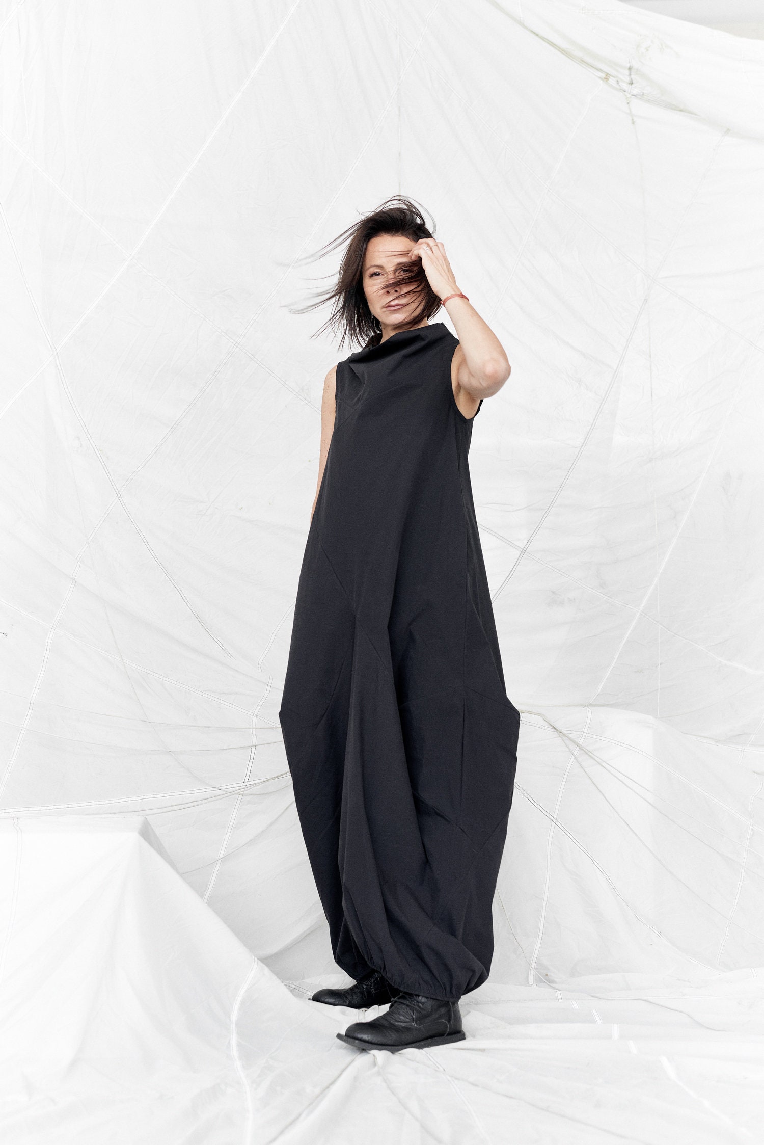 Black Sleeveless Dress/Minimalist Overall Summer Urban Cotton High Collar Extravagant Aryasense 8A10Ba19