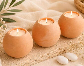 Set of 3 Handmade Terracotta Sphere Candle Holders – Minimalist Rustic Matte Pottery