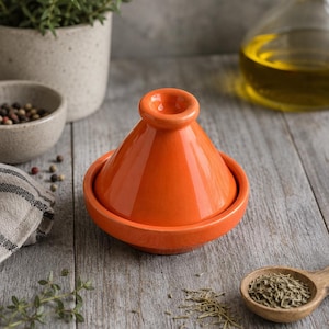 Rustic Orange Mini Tagine Bowl, Handmade Ceramic Spice Dish with Lid, Moroccan Olive Bowl, Tiny Tapas Server, Mediterranean Kitchen Gift
