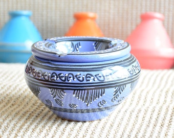 Clay Ashtray with Berber Design Vista Blue, Arabesque Design Moroccan Ceramic Ashtray, Gifts Under 20
