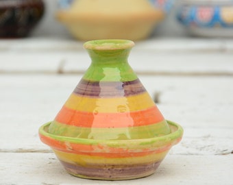 Handpainted Ceramic Marrocain Style Tagine, Lead Free Minimalist Rainbow Tagine, Multicolor Spice Holder, Holiday Gift