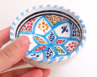 Hand-painted Blue Ceramic Bowl - Small Berber Design Pottery - Colorful Tapas & Snack Bowl - Artisan Jewelry Dish - Moroccan Style Gift