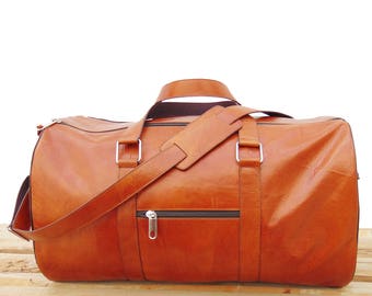 Mens & Womens Caramel Brown Leather Duffel Bag Luggage Bag ,Weekend Bag, Personalized Engraved gift Bag