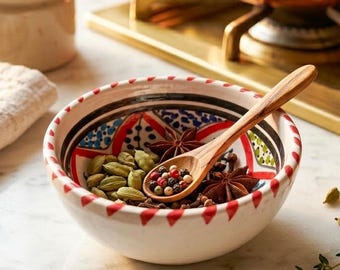 Handpainted Ceramic Moroccan Bowl: Berber Olive Spice Holder, Boho Kitchen Decor