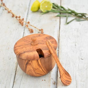 Carved Olive Wood Sugar Bowl Keeper: Rustic Kitchen Decor with Spoon image 9