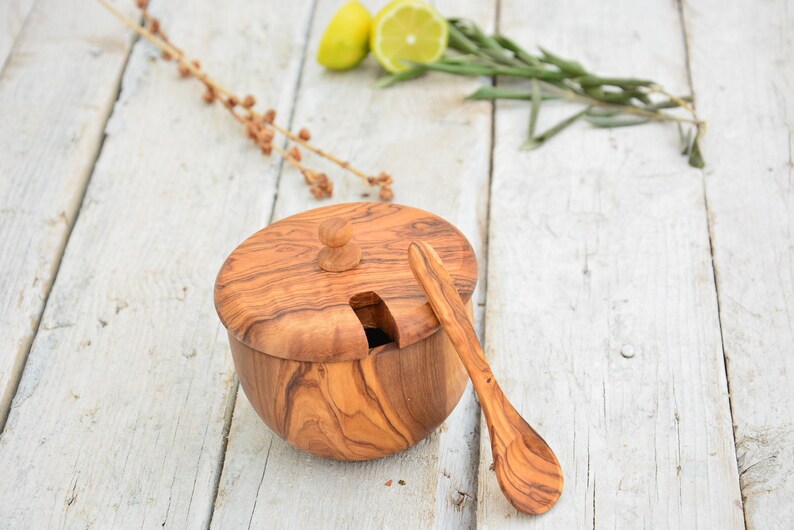 Carved Olive Wood Sugar Bowl Keeper: Rustic Kitchen Decor with Spoon image 9