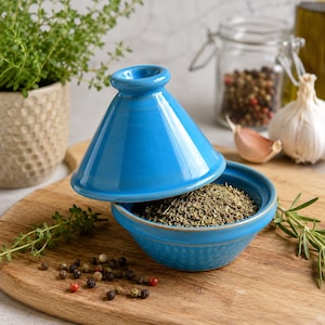 Ocean Blue Mini Tagine Bowl,  Ceramic Spice Server with Lid, Moroccan Olive Dish, Tapas Bowl, Mediterranean Kitchen Gift