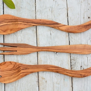 Olive Wood Kitchen Utensil Set: Handcrafted Curved Spoon, Spork, Fork