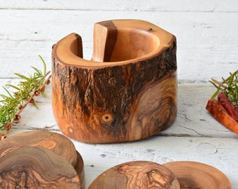 Olijfhouten onderzetters: natuurlijke rand, handgemaakte houder, 6 st (diameter 3,1 inch)