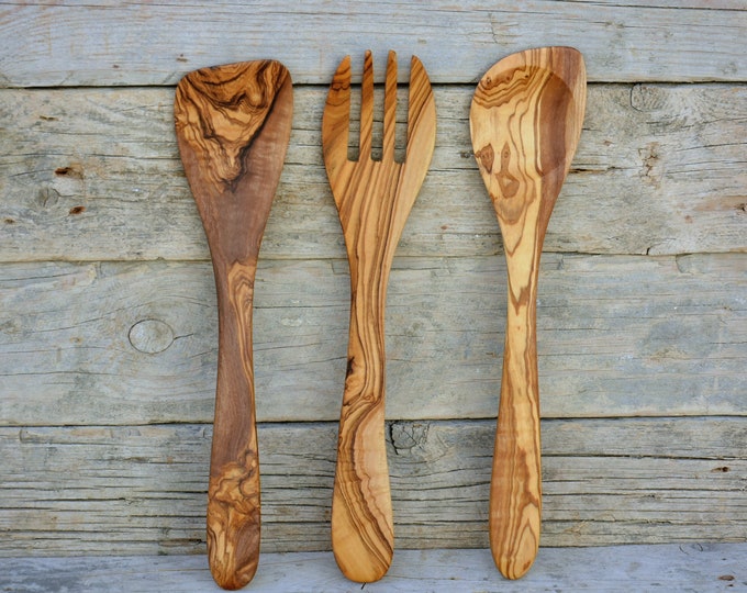 Hand-carved Unique Utensils : 1 Sauce Spoon, 1 Spatula, 1 Slotted Spatula,Wooden Kitchen Utensil Set