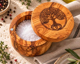Olive Wood Salt Box with Tree of Life Engraving, Magnetic Swivel Lid