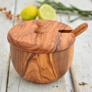 Carved Olive Wood Sugar Bowl Keeper: Rustic Kitchen Decor with Spoon image 3
