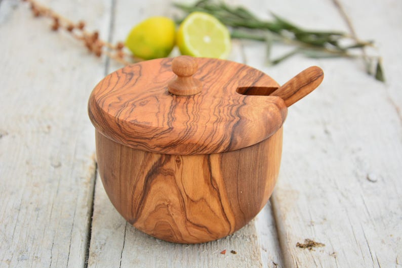 Carved Olive Wood Sugar Bowl Keeper: Rustic Kitchen Decor with Spoon image 3