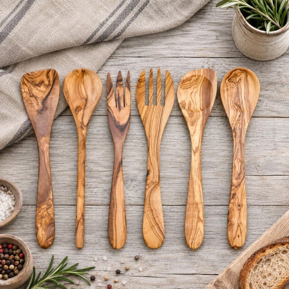 6-teiliges Küchenhelfer-Set aus Olivenholz, handgefertigt, bestehend aus Kochlöffel, Pfannenwender und Gabel, rustikale Küchenutensilien, 30 cm
