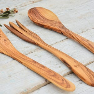 Olive Wood Utensil Set: 12 Inch Spoon, Fork & Spatula