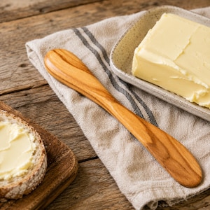 May include: A wooden butter spreader with a smooth, light brown grain pattern and a rounded, flat blade. The utensil is positioned diagonally across a textured, off-white fabric cloth, resting near a block of yellow butter on a small plate.