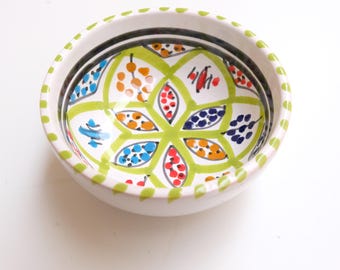 Handmade Green Ceramic Condiment Bowl - Artisan Berber Sauce Dish - Small Boho Kitchen Decor - Decorative Clay Pinch Pot