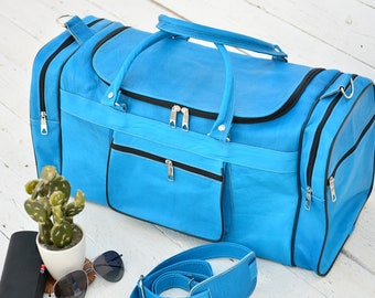 Womens & Mens Turquoise Leather Duffel Luggage Blue Bag, Monogrammed Personalized Travel Weekend Luggage Bag, Holiday Gift