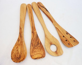 Olivenholz Utensilien-Set: Handgefertigte Küchenhelfer, Antihaft-sicher (4 Stück)