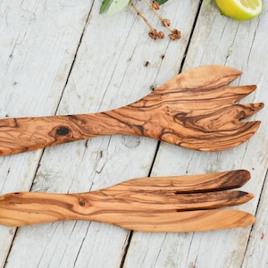 Olive Wood Salad Server Set: Big Spork and Fork Utensils
