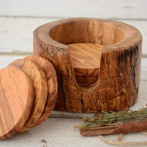 Olive Wood Coaster Set with Rustic Holder - Handmade