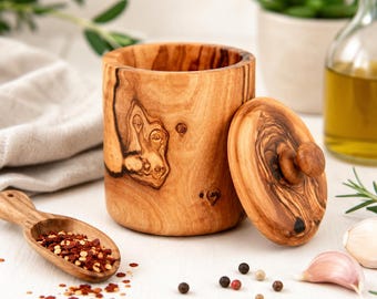 Olive Wood Spice Box, Handcrafted Natural Grain Kitchen Canister (2.75" D x 4" H)