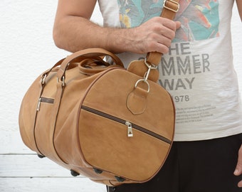 Leather Duffel Bag for Mens & Womens Light Brown Luggage Bag ,Weekend Bag, Personalized Engraved gift Bag, Holiday Gift