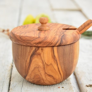 Carved Olive Wood Sugar Bowl Keeper: Rustic Kitchen Decor with Spoon image 1