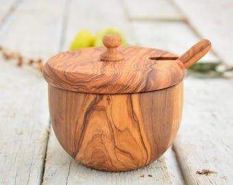 Carved Olive Wood Sugar Bowl Keeper: Rustic Kitchen Decor with Spoon
