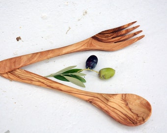 Small Eating Serving Utensil Set : 1 Spoon, 1 Fork, Wooden Kitchen Cooking Salad Mixing Set Utensils, Wedding gift