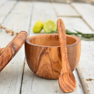 Carved Olive Wood Sugar Bowl Keeper: Rustic Kitchen Decor with Spoon image 7