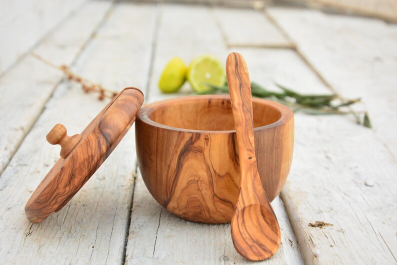 Carved Olive Wood Sugar Bowl Keeper: Rustic Kitchen Decor with Spoon image 7