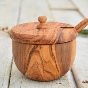 Carved Olive Wood Sugar Bowl Keeper: Rustic Kitchen Decor with Spoon image 4