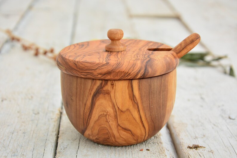 Carved Olive Wood Sugar Bowl Keeper: Rustic Kitchen Decor with Spoon image 4